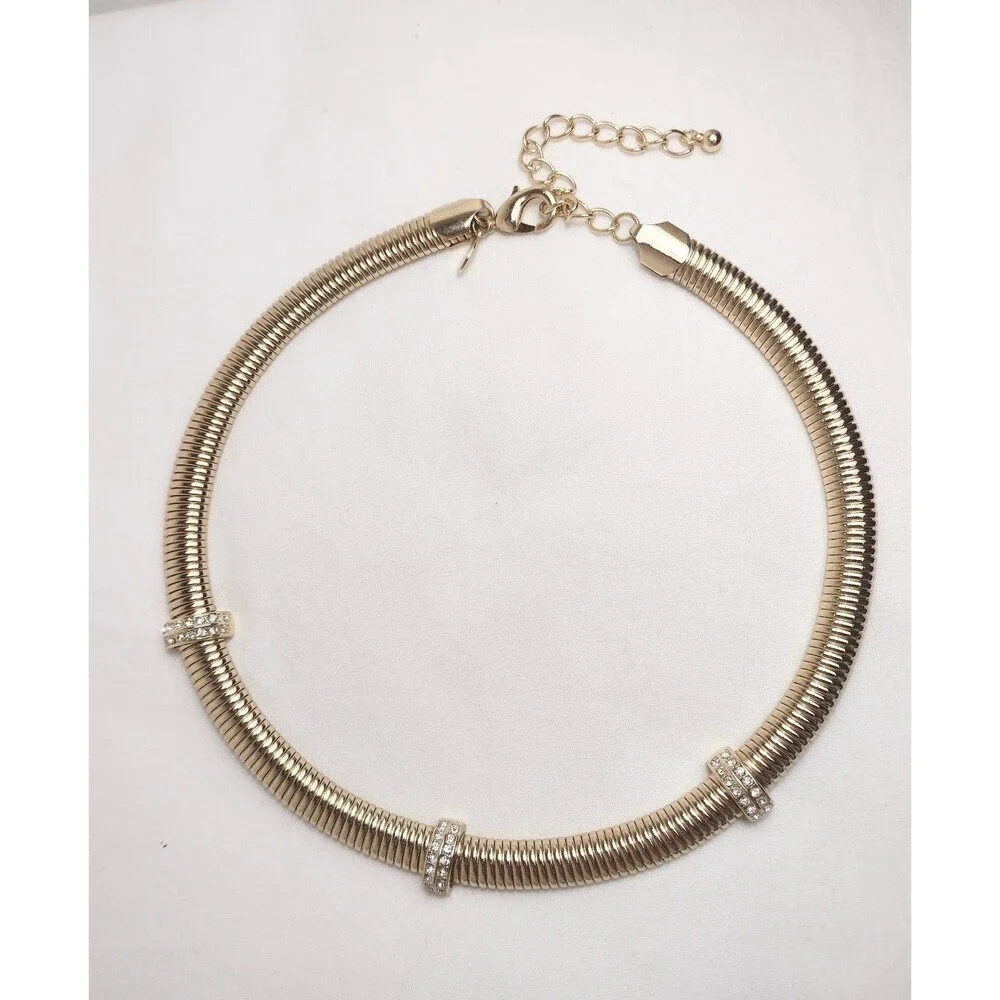 Vintage Omega Coil Gold tone Rhinestone Statement Necklace